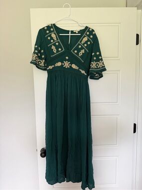 Embroidered Teal Green Maxi Dress - Women's